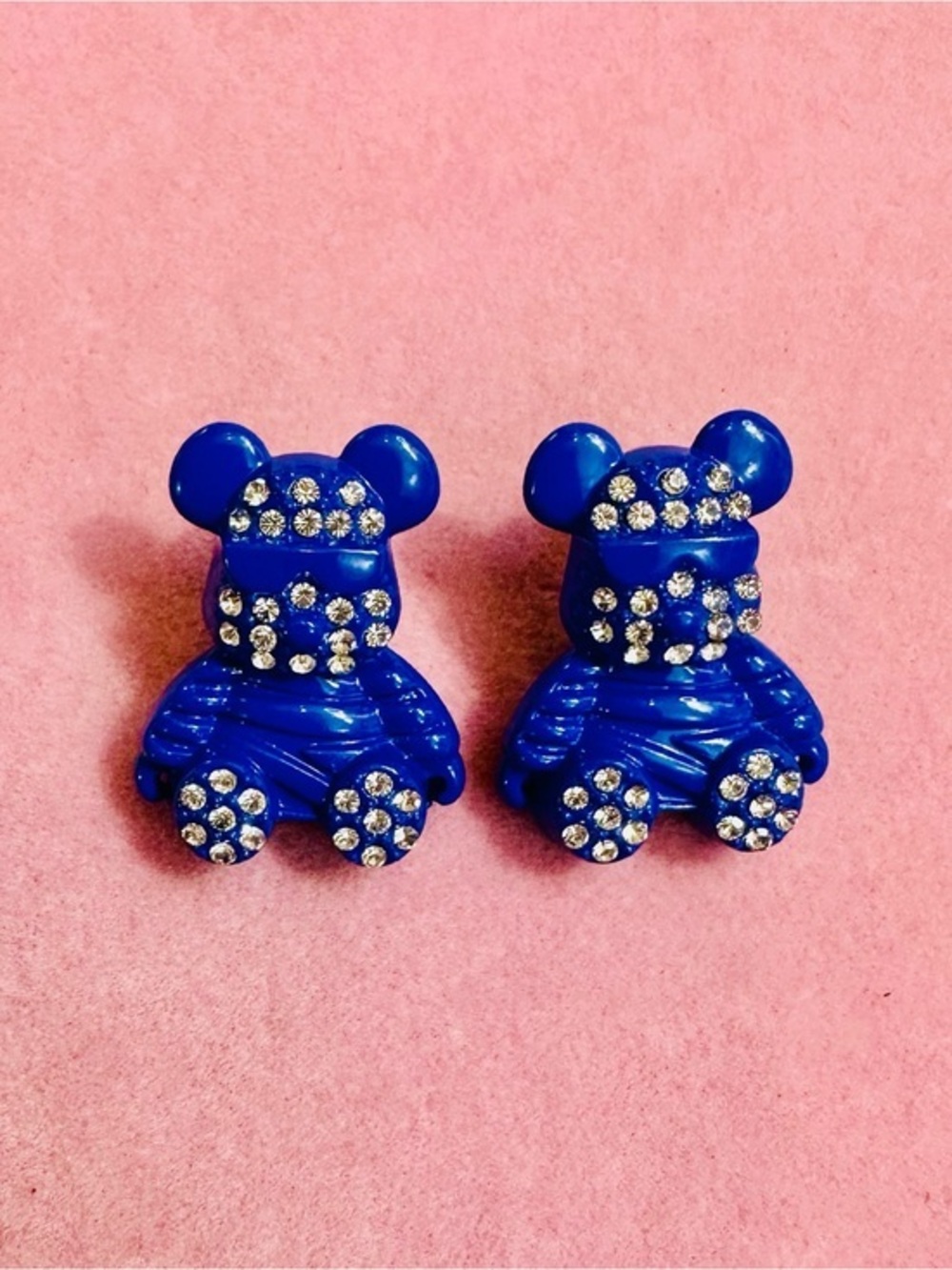 Blue Rhinestone Teddy Bear Stud Earrings